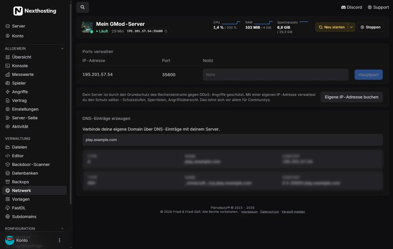 Netzwerk-Seite im Nexthosting-Gameserver-Panel mit Portliste und dem Kasten DNS-Einträge erzeugen für die eigene Domain