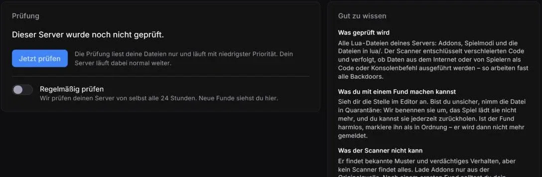 Backdoor-Scanner im Nexthosting-Panel mit Knopf Jetzt prüfen und Schalter Regelmäßig prüfen