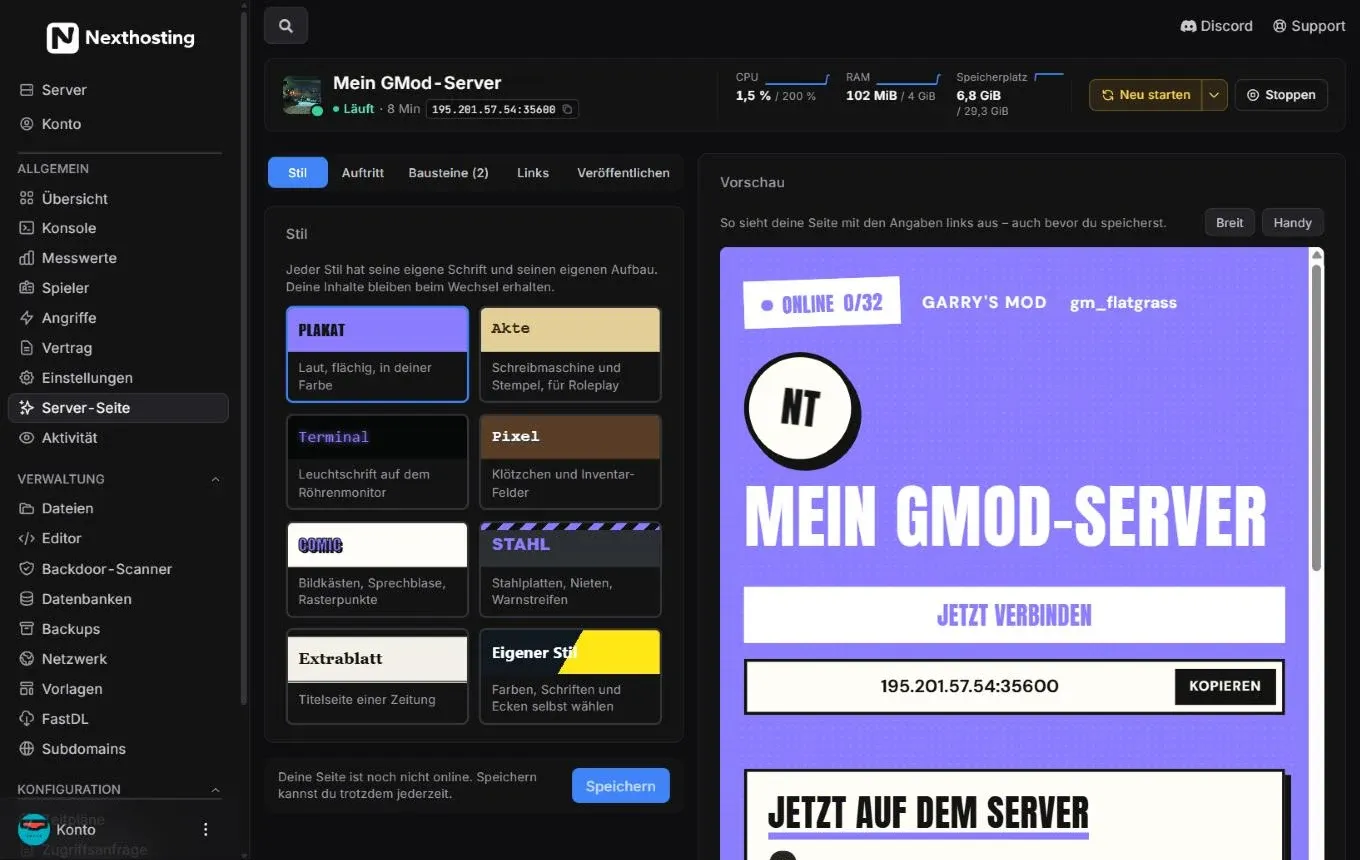 Baukasten für die Server-Seite im Nexthosting-Panel mit Stilauswahl links und Live-Vorschau rechts