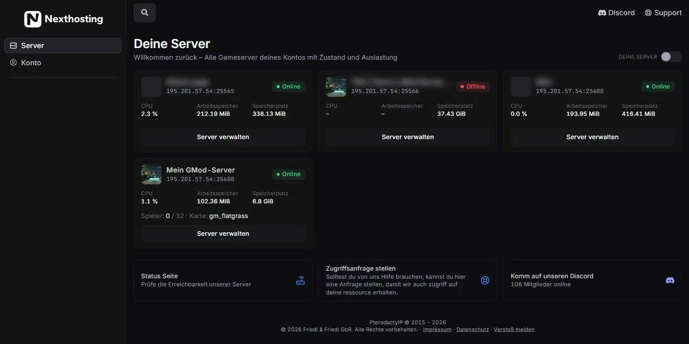 Startseite Deine Server im Nexthosting-Panel mit den Kästen Status Seite, Zugriffsanfrage stellen und Discord sowie dem Link Support oben rechts
