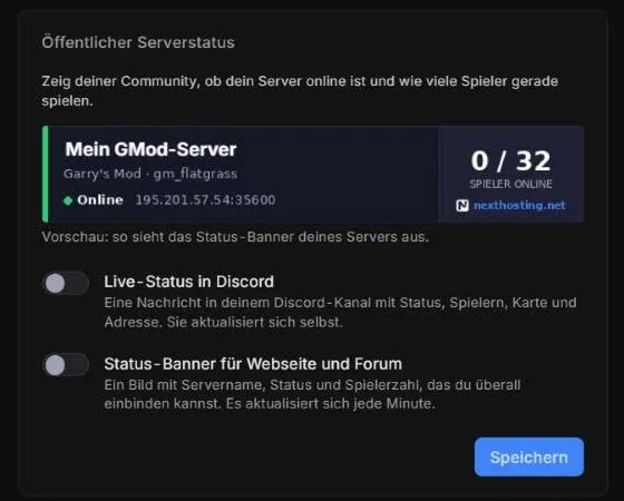 Kasten Öffentlicher Serverstatus mit Banner-Vorschau und Schaltern Live-Status in Discord und Status-Banner für Webseite und Forum