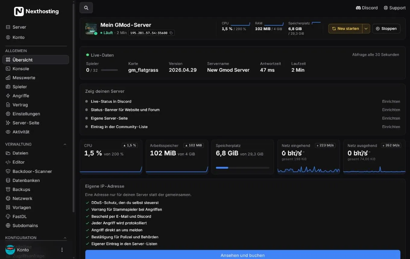 Kopfzeile eines Gameservers im Nexthosting-Panel mit CPU, RAM und Speicherplatz im Verhältnis zur Obergrenze