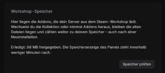 Kasten Workshop-Speicher in den Einstellungen eines Garry's-Mod-Servers mit Knopf Speicher prüfen