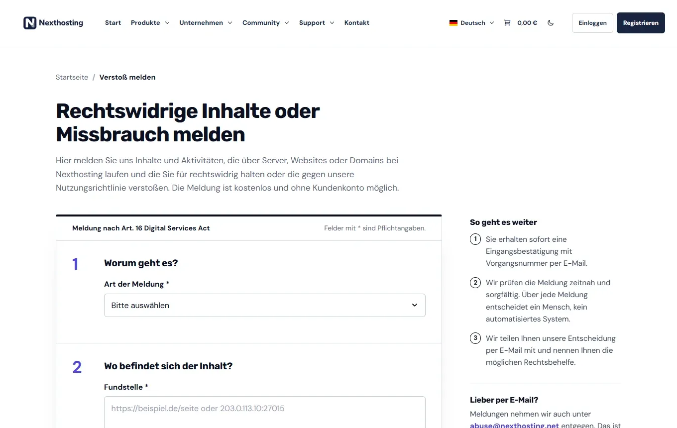 Formular zur Meldung rechtswidriger Inhalte oder Missbrauch bei Nexthosting nach Art. 16 DSA mit den Schritten Worum geht es und Fundstelle