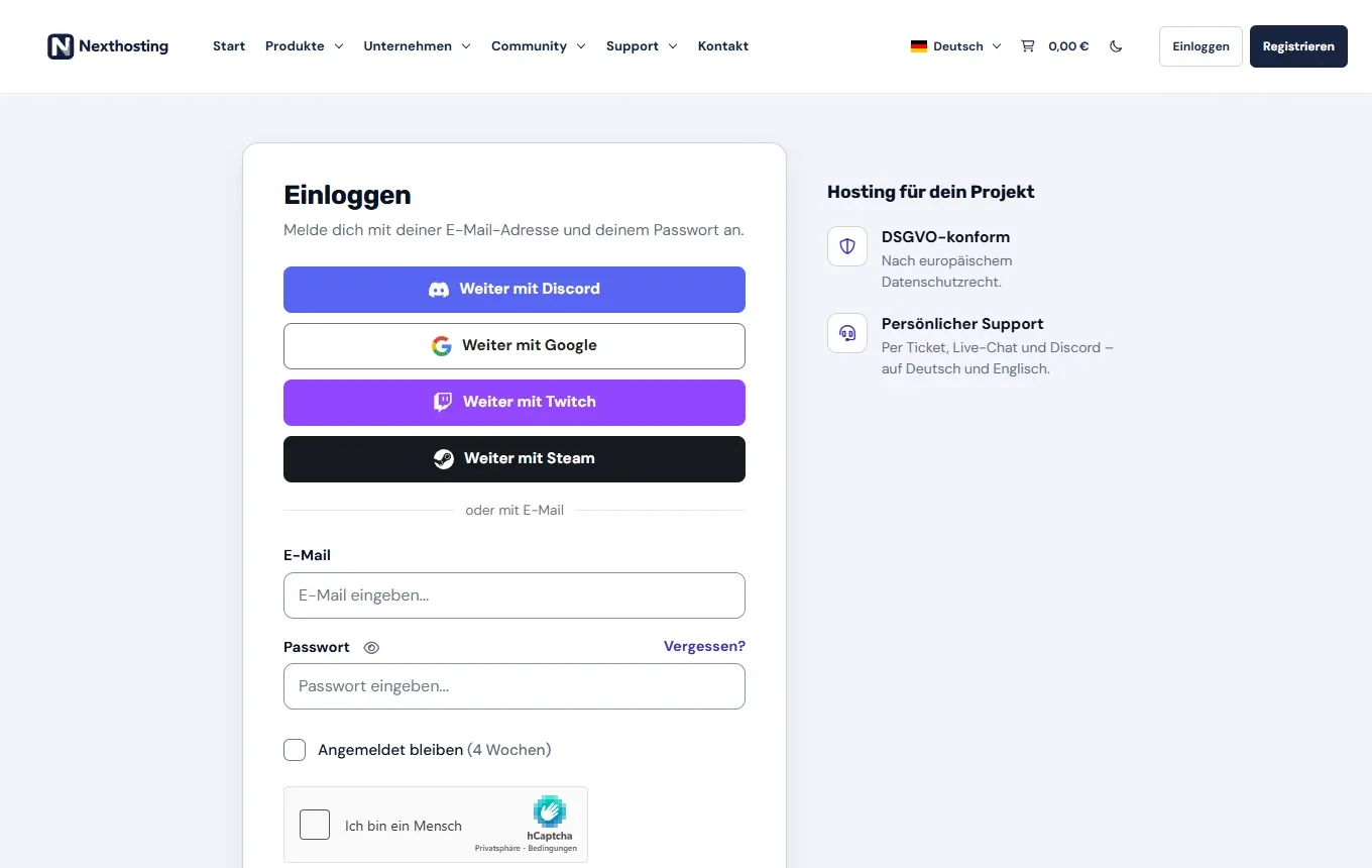 Anmeldeseite von Nexthosting mit Knöpfen für Discord, Google, Twitch und Steam, Feldern für E-Mail und Passwort, dem Link Vergessen und dem Häkchen Angemeldet bleiben