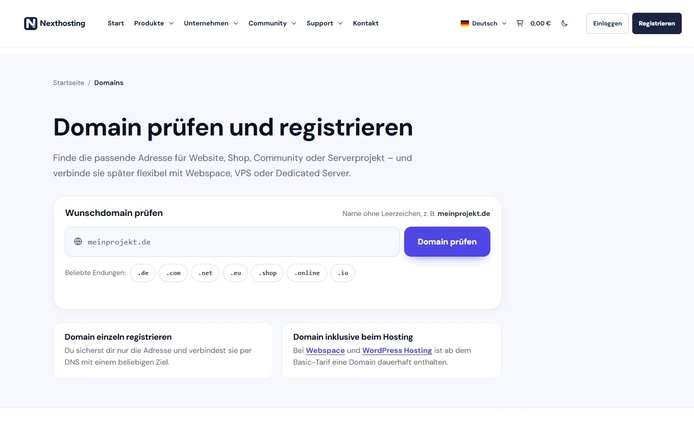 Seite Domain prüfen und registrieren auf nexthosting.net mit Eingabefeld für die Wunschdomain und beliebten Endungen