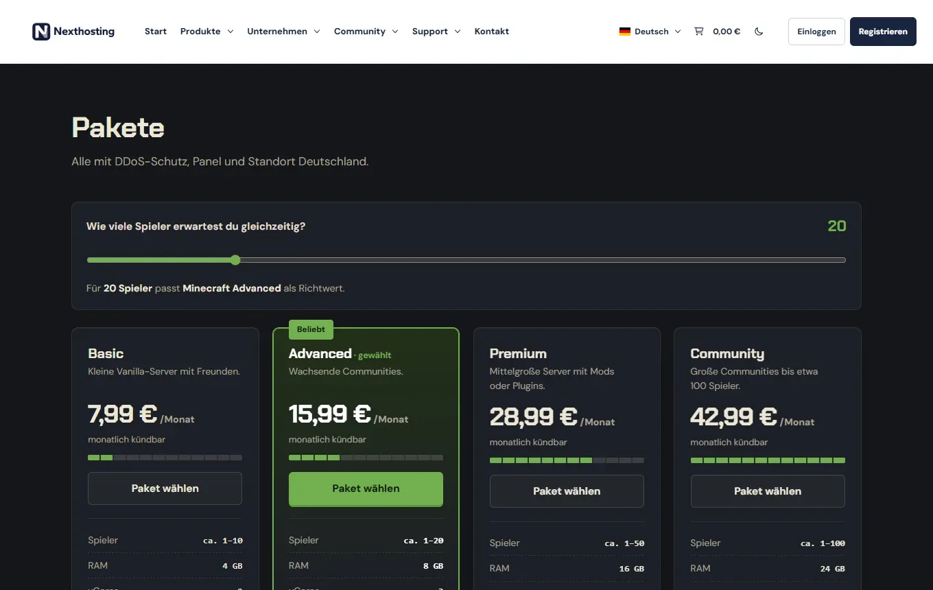 Paketauswahl für Minecraft-Server im Shop von Nexthosting mit Basic, Advanced, Premium und Community