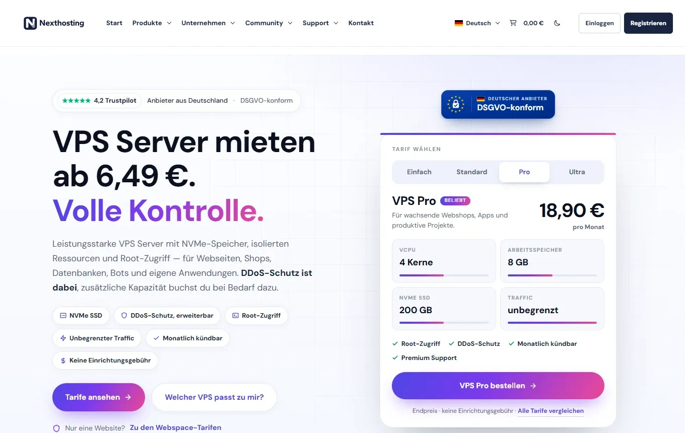 Seite VPS Server mieten bei Nexthosting mit Tarifwähler Einfach, Standard, Pro und Ultra