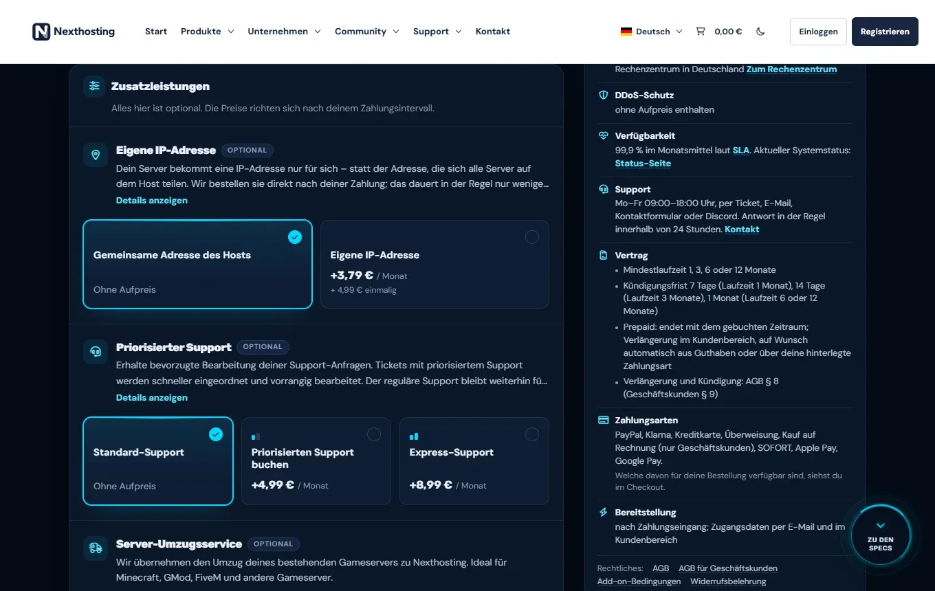 Zusatzleistungen im Konfigurator von nexthosting.net mit Auswahl Gemeinsame Adresse des Hosts oder Eigene IP-Adresse